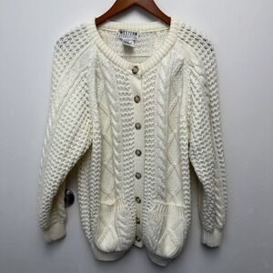 Vintage Western Connection Ivory Cable-Knit Cardigan Sweater 100% Acrylic Size S